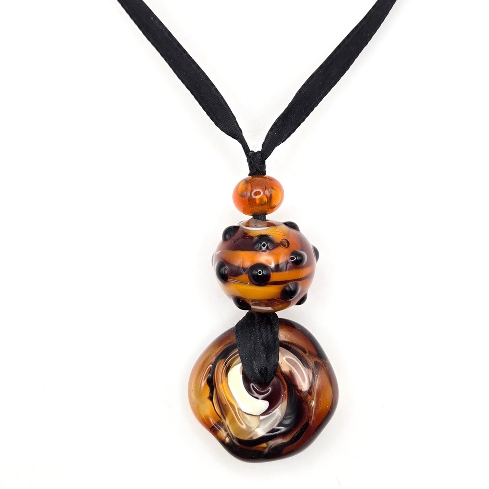 Artisan Lampwork Glass Pendant Necklace Amber Brown Swirl Ribbon Cord Handmade